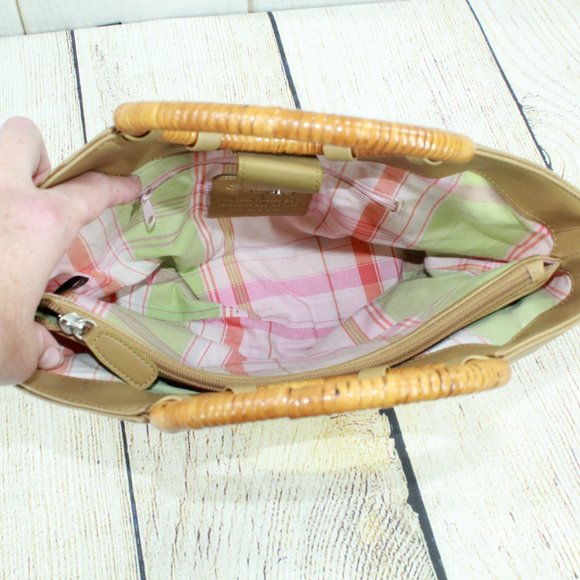 Fossil White Basket Weave Wood Round Handle Leather Trim Satchel Tote Bag Purse - Picture 8 of 10